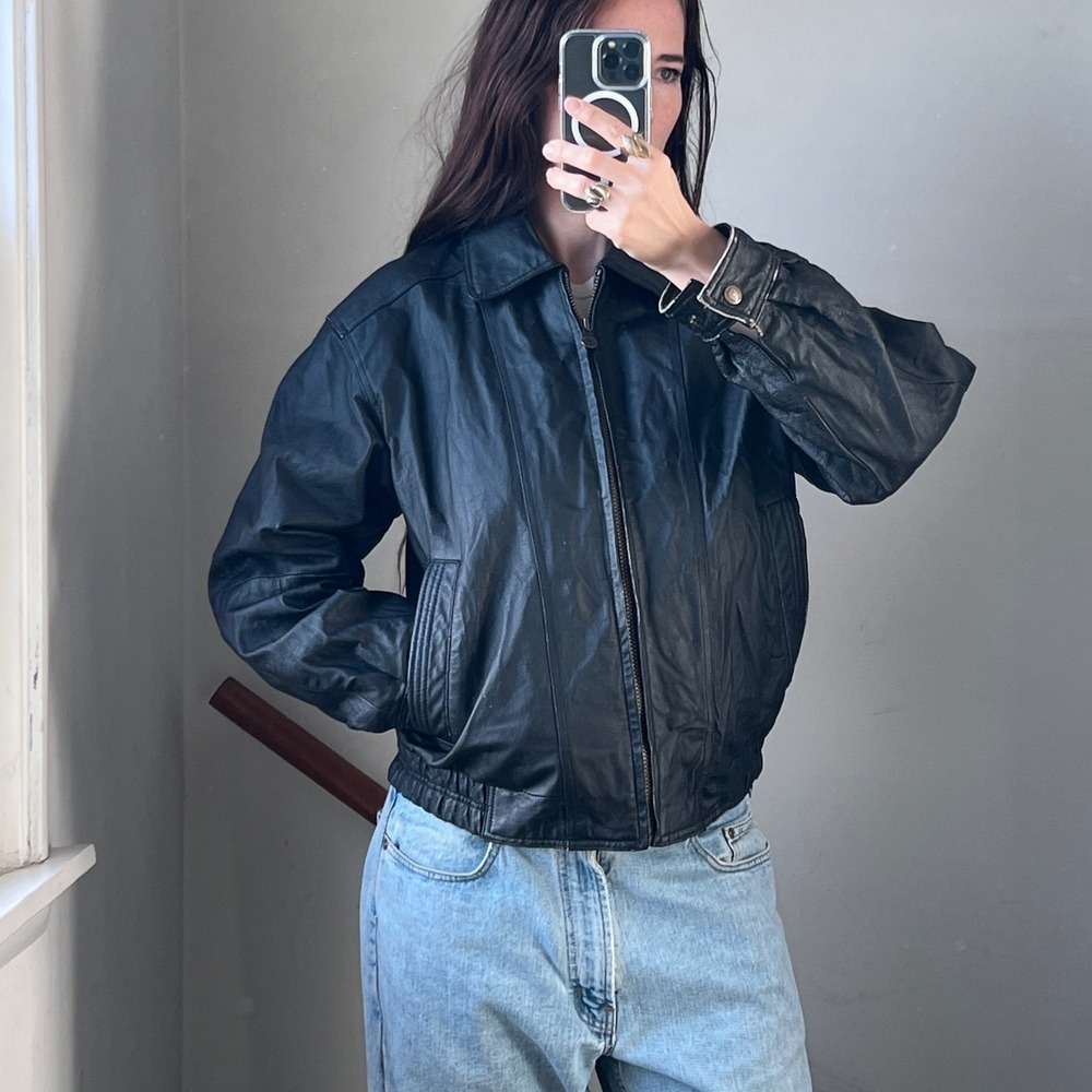 Vintage Black Leather Bomber Jacket Distressed Grunge Zip Up Moto Biker 90s Coat